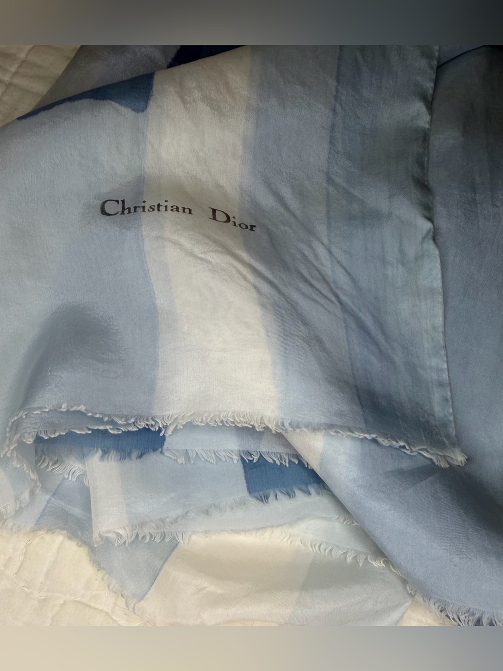 VTG Dior Silk Oblong Scarf Abstract Block Stripe Ice Blue Cream Minimalist - Picture 16 of 16